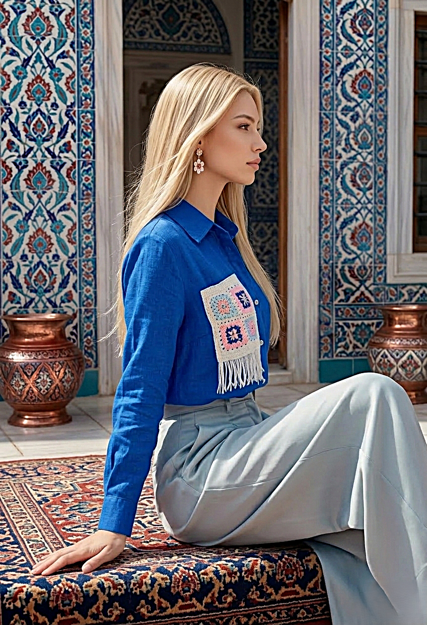 قميص أزرق ملكي واسع مع تطريز كروشيه مميز