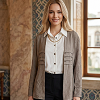 توينز مكون من قميص أبيض وسترة أنيقة باللون البيج الغامق مظهراً أنيقاً وعصرياً