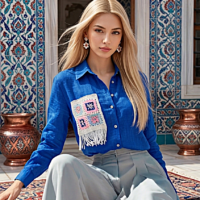 قميص أزرق ملكي واسع مع تطريز كروشيه مميز