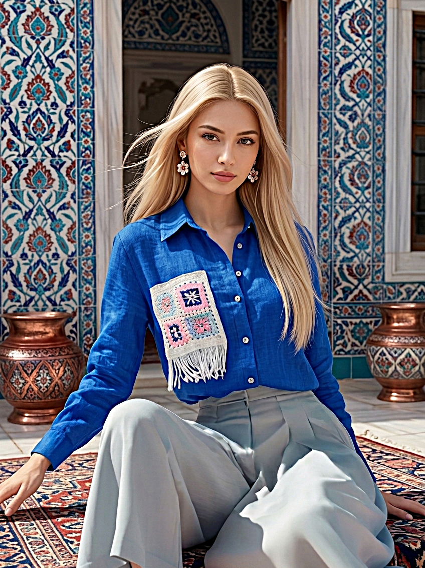 قميص أزرق ملكي واسع مع تطريز كروشيه مميز