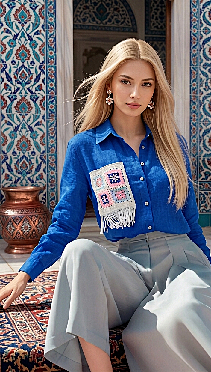 قميص أزرق ملكي واسع مع تطريز كروشيه مميز