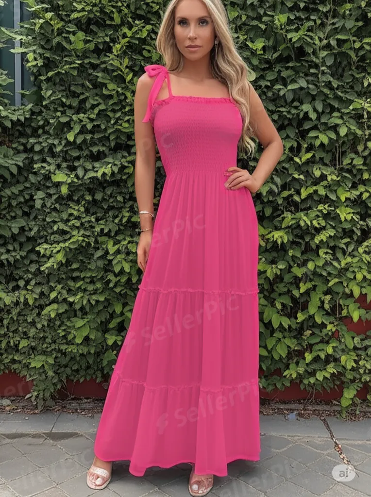 164120333952_04fffbae7b8911f08d97f3fbd507db0c_output_0watermark فستان حمالات اللون فوشيا ، طويل، ويصل إلى الكاحلين تقريباً. يتميز بتصميم صيفي خفيف ومريح.