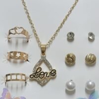 طقم اكسسوارات بناتي سلسلة LOVEمرصعة + 3 خواتم + 3 حلقان