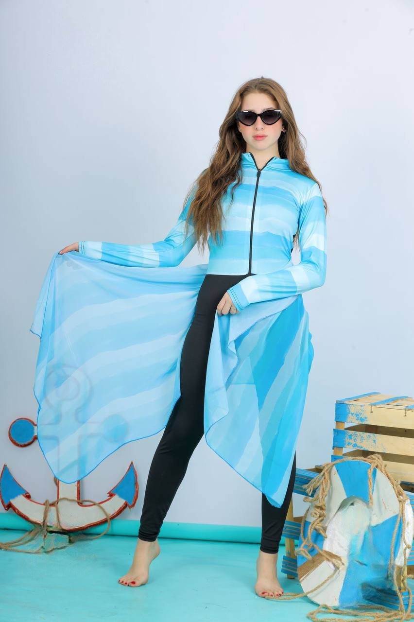 مايوه بناتي قطعتين سوت بكم كامل وبنطلون وشال باللون الأزرق السماوي الملائكي