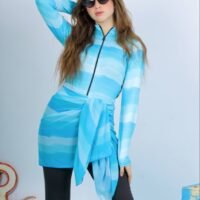 مايوه بناتي قطعتين سوت بكم كامل وبنطلون وشال باللون الأزرق السماوي الملائكي