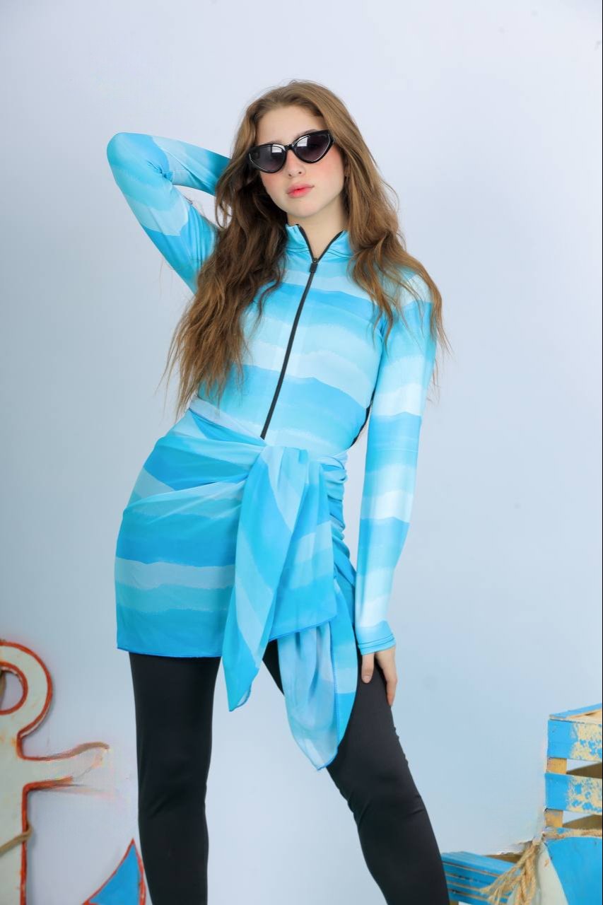 مايوه بناتي قطعتين سوت بكم كامل وبنطلون وشال باللون الأزرق السماوي الملائكي