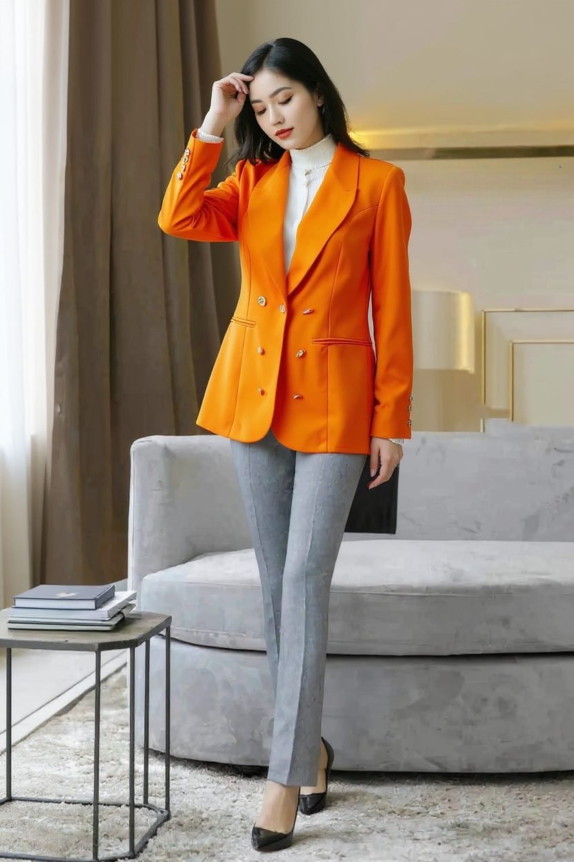 20250817_075815 جاكيت أنيق وعصري برتقالي ساطع بقصة مستقيمة ومريحة تضفي مظهراً رسمياً وأنيقاً