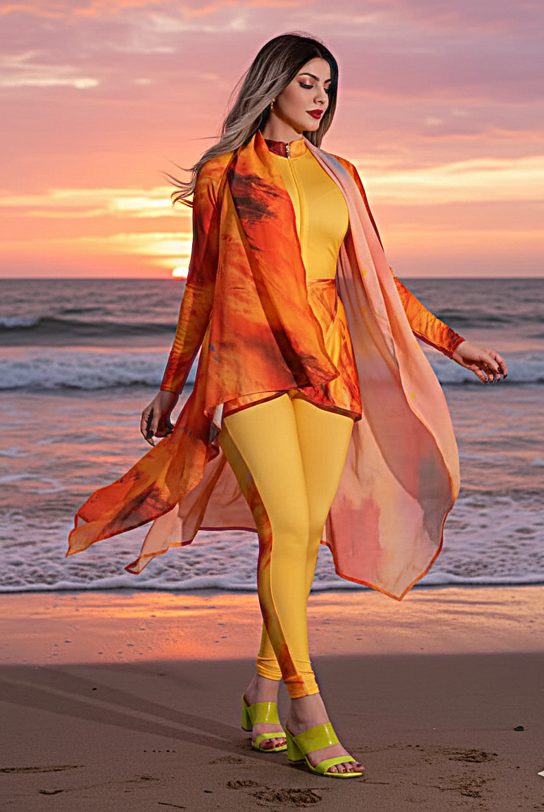 مايوه شرعي بوركيني للنساء مكوّن من 5 قطع بنطال ومايوه بكم وجيبه قصيره وكاش شيفون مقاوم للماء وتربونه