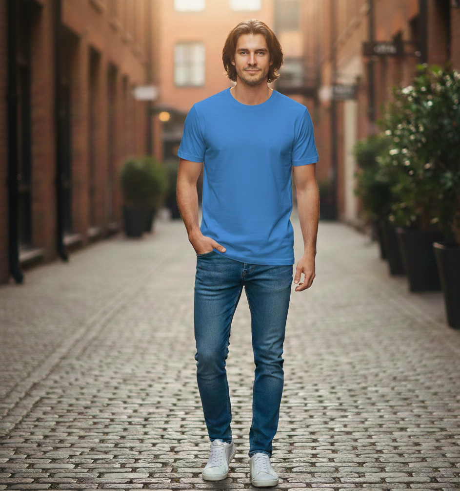 Gemini_Generated_Image_389xi3389xi3389x تيشرت كلاسيكي للرجال من القطن برقبة دائرية ضيقة وأكمام قصيرة وقصة كاجوال مناسب للاستخدام الخارجي والاستخدام اليومي