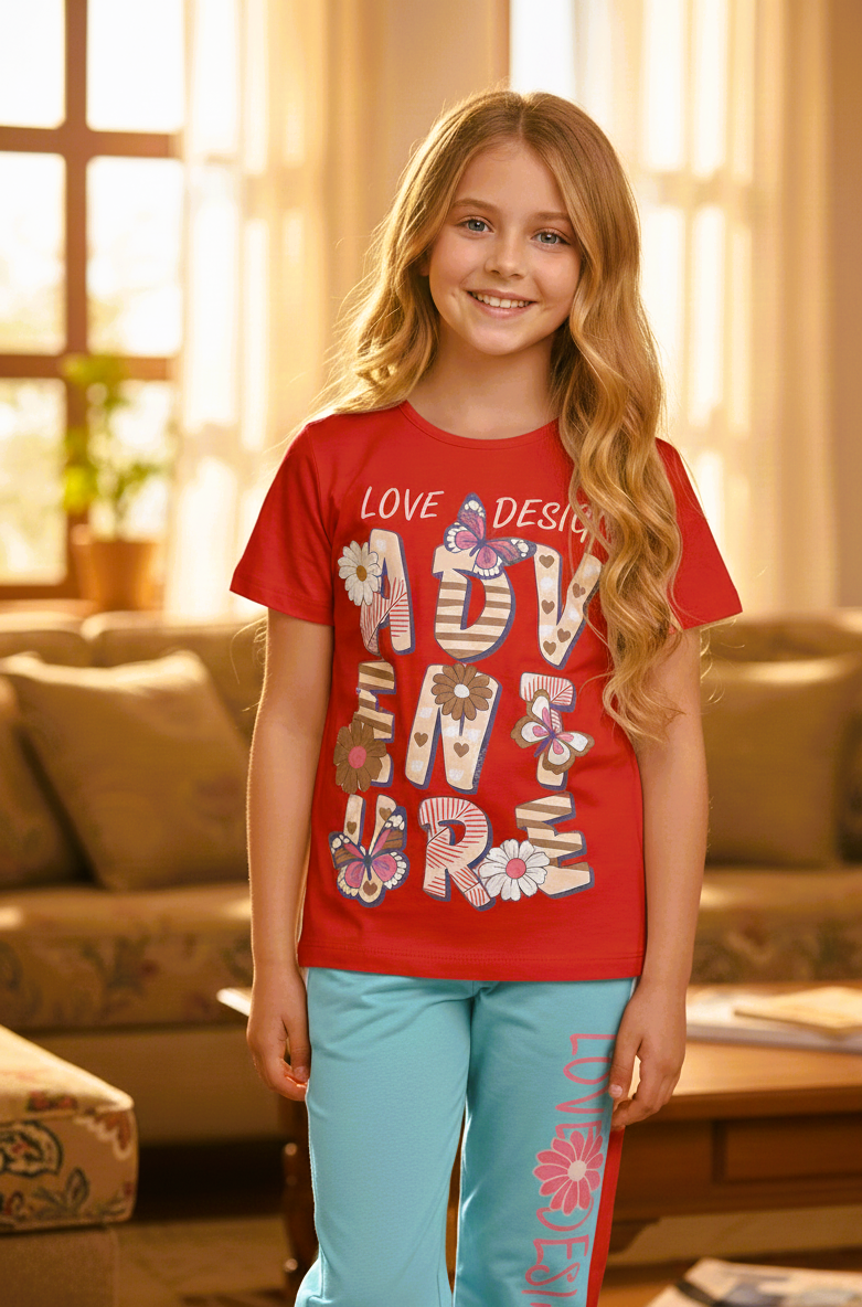 بيجاما بناتي تيشيرت نص كم وبنطلون خامة ليكرا قطن ناعمة مريحة بتصميم عصري مناسبة للنوم والبيت