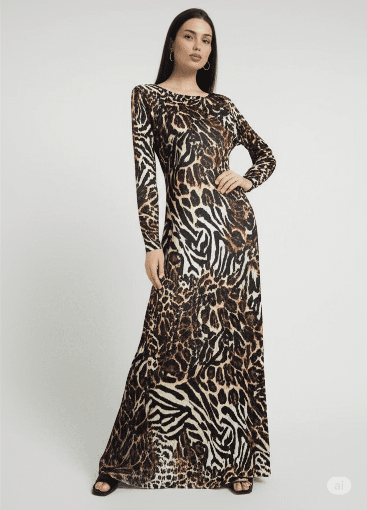 Gemini_Generated_Image_5xpsu15xpsu15xps فستان تيجر جريئ وانيق، مع تصميم طويل ومريح يجمع بين الأناقة والطابع العصري