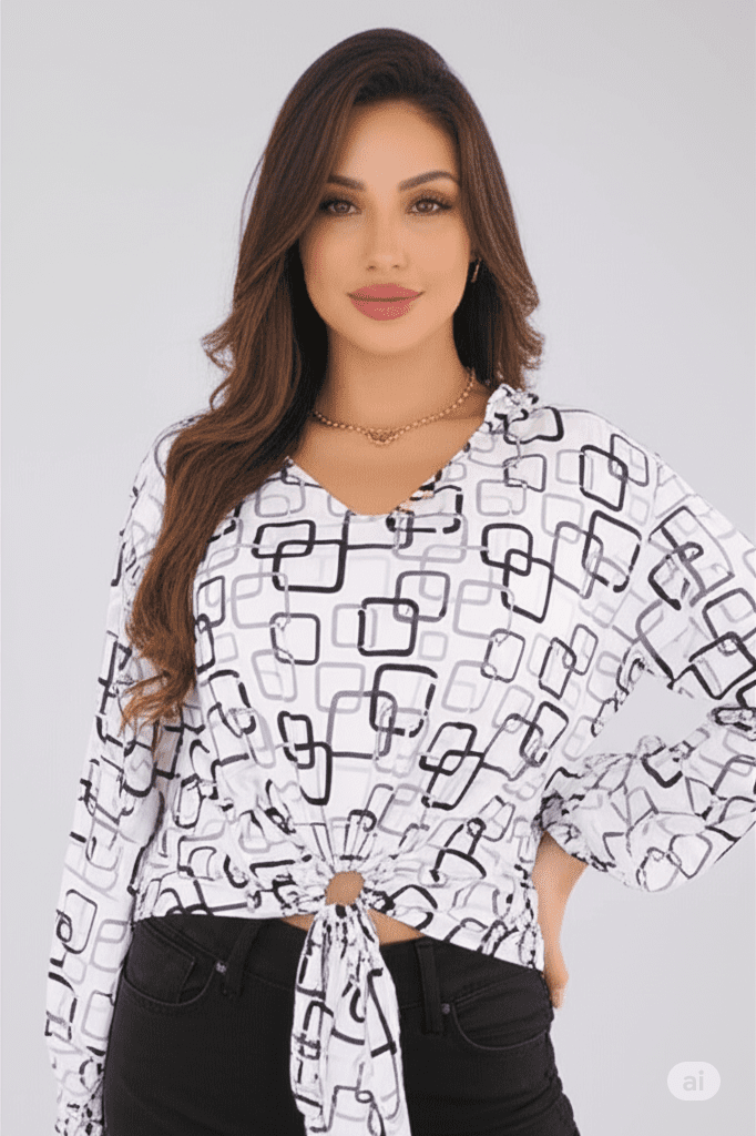 بلوزة عصرية بنقوش مربعات ملونة وعقدة أمامية: