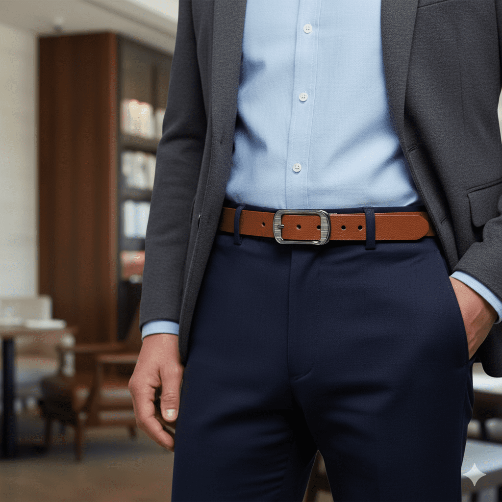 حزام كلاسيكي من الجلد الطبيعي للرجال بلون بني