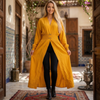 فستان طويل  مفتوح أنيق بلون أصفر خردلي يغلق بازرار من منتصف الخصر تصميم عصري