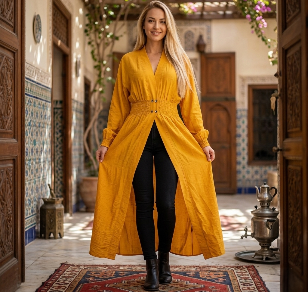 فستان طويل  مفتوح أنيق بلون أصفر خردلي يغلق بازرار من منتصف الخصر تصميم عصري