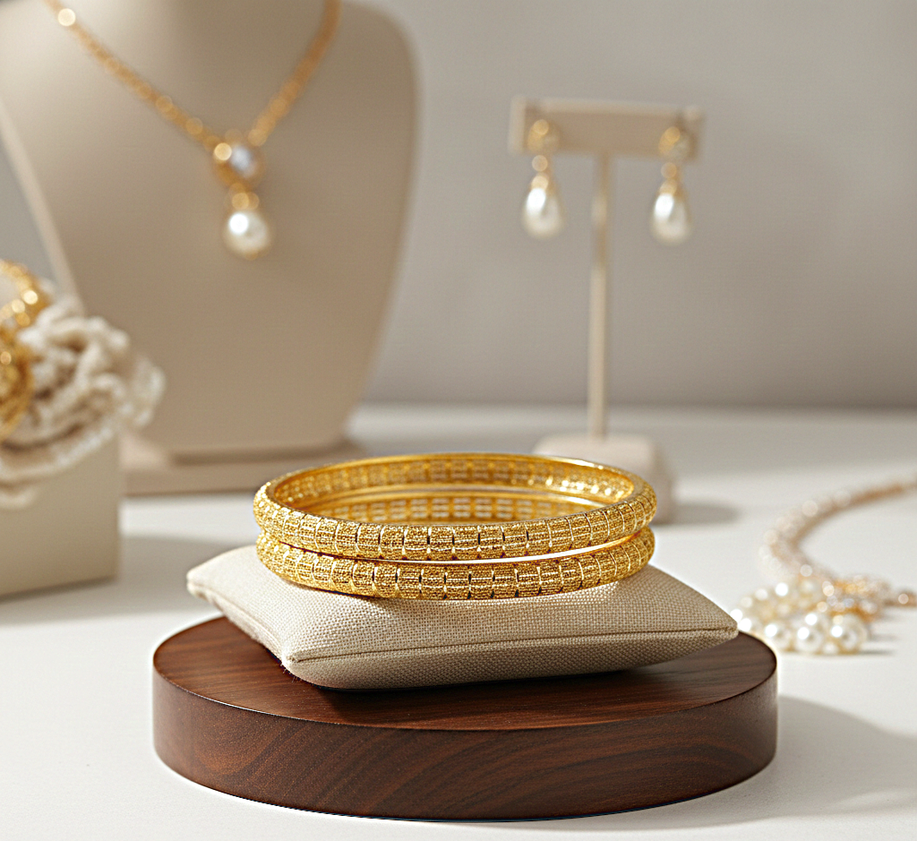 غوايش ذهبية منقوشة بخطوط ناعمة – طقم من قطعتين بتصميم أنثوي راقٍ