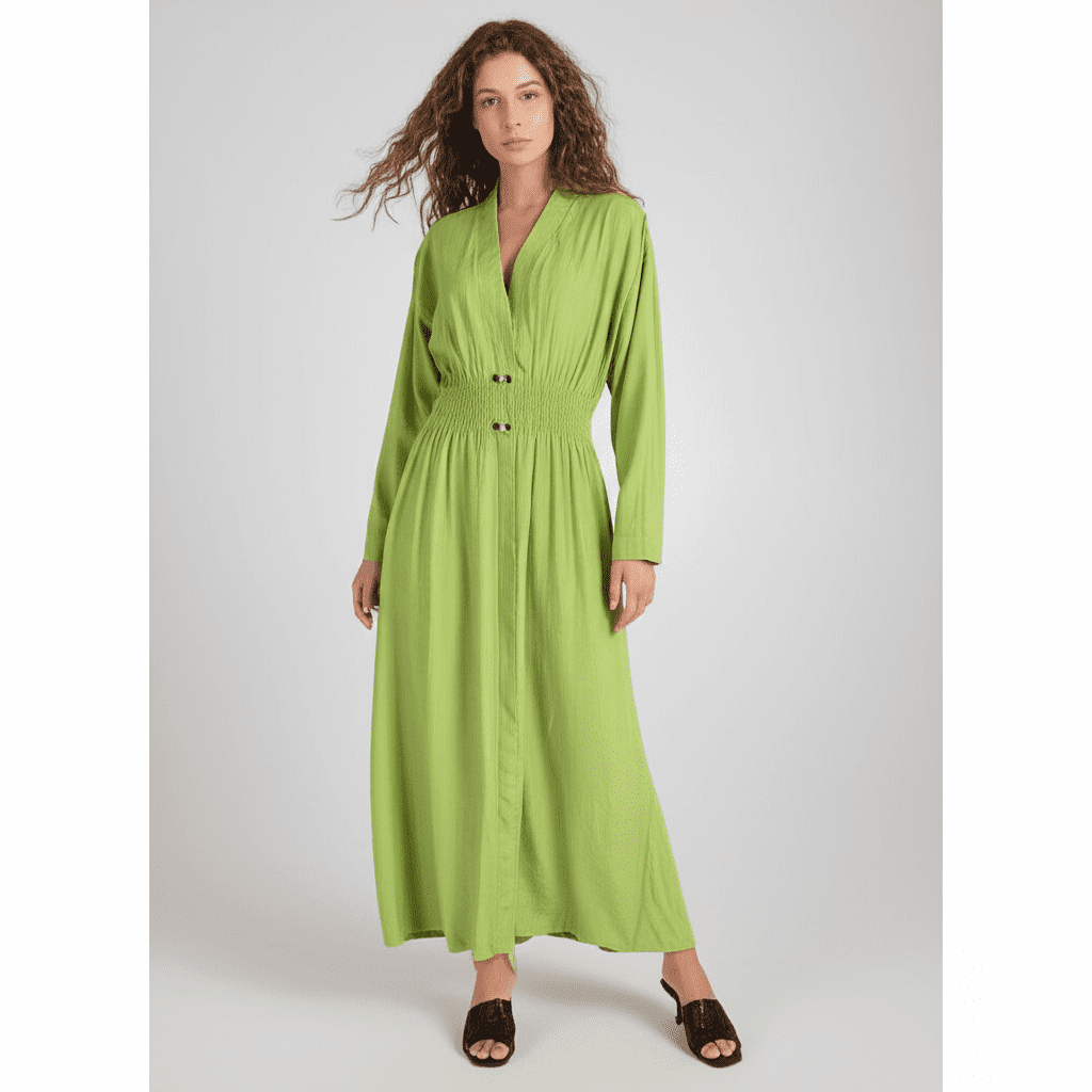 Gemini_Generated_Image_8xukdf8xukdf8xuk فستان طويل أنيق بلون أخضر ليموني تصميم عصري: