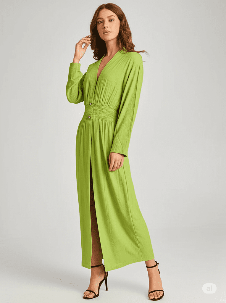 Gemini_Generated_Image_93o0j093o0j093o0 فستان طويل أنيق بلون أخضر ليموني تصميم عصري: