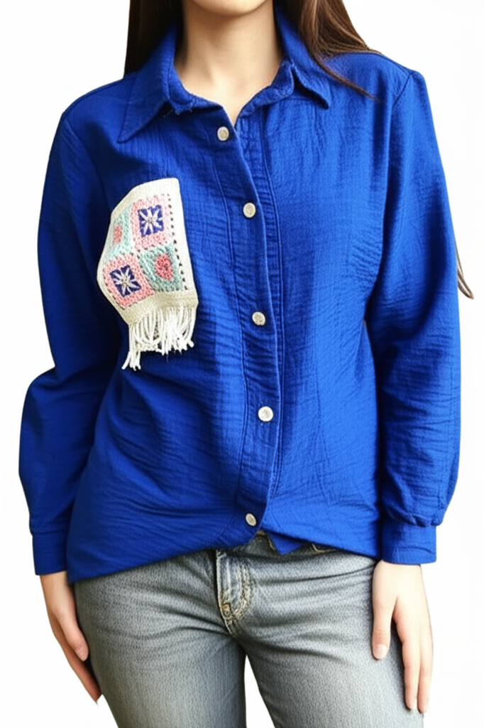 Gemini_Generated_Image_9ofs0e9ofs0e9ofs قميص أزرق ملكي واسع مع تطريز كروشيه مميز