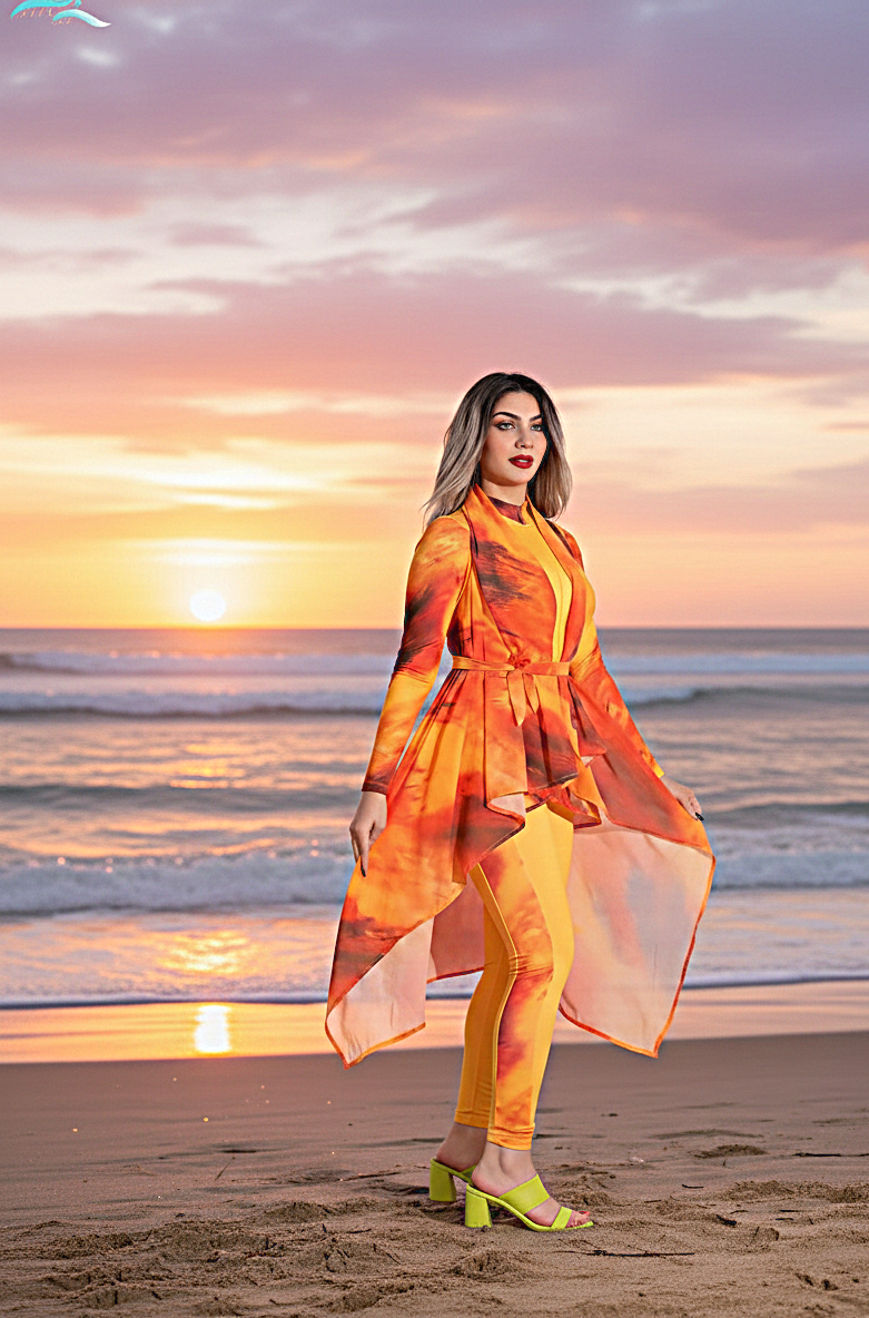 مايوه شرعي بوركيني للنساء مكوّن من 5 قطع بنطال ومايوه بكم وجيبه قصيره وكاش شيفون مقاوم للماء وتربونه