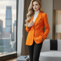 Gemini_Generated_Image_bm79cdbm79cdbm79 جاكيت أنيق وعصري برتقالي ساطع بقصة مستقيمة ومريحة تضفي مظهراً رسمياً وأنيقاً