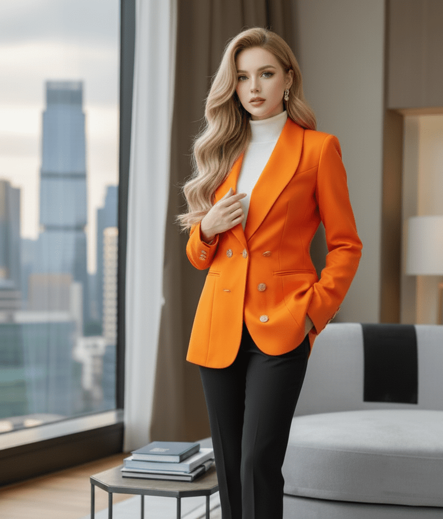 Gemini_Generated_Image_bm79cdbm79cdbm79 جاكيت أنيق وعصري برتقالي ساطع بقصة مستقيمة ومريحة تضفي مظهراً رسمياً وأنيقاً