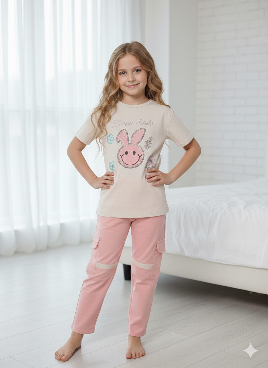 بيجاما بناتي بطباعة مرحة تيشيرت نص كم وبنطلون خامة ليكرا قطن ناعمة مريحة بتصميم عصري مناسبة للنوم والبيت
