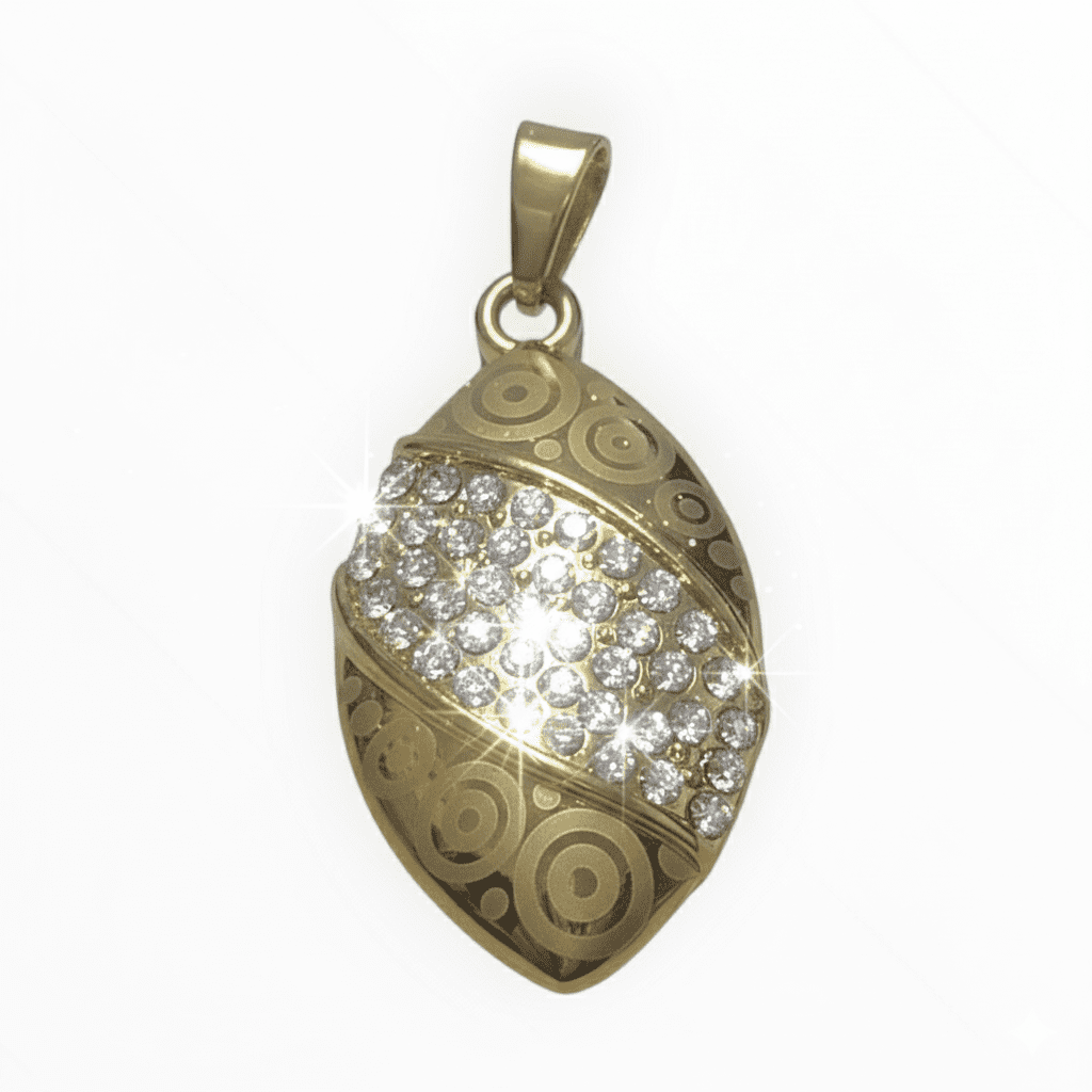 Gemini_Generated_Image_dxiicqdxiicqdxii دلاية بيضاوي نصفها مرصّع بالكامل بأحجار الكريستال البراقة التي تخطف الأنظار،