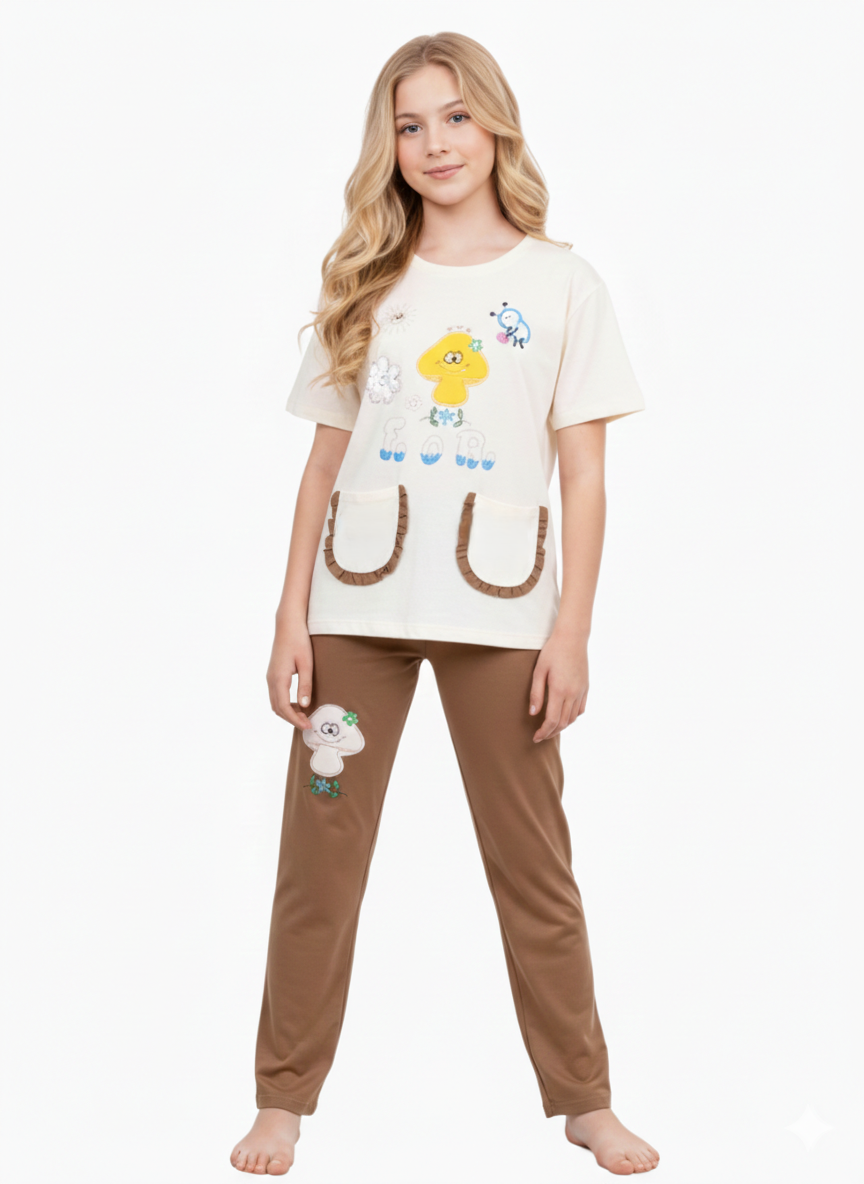 بيجاما بناتي بطباعة لطيفة  تيشيرت نص كم وبنطلون خامة ليكرا قطن ناعمة مريحة بتصميم عصري مناسبة للنوم والبيت
