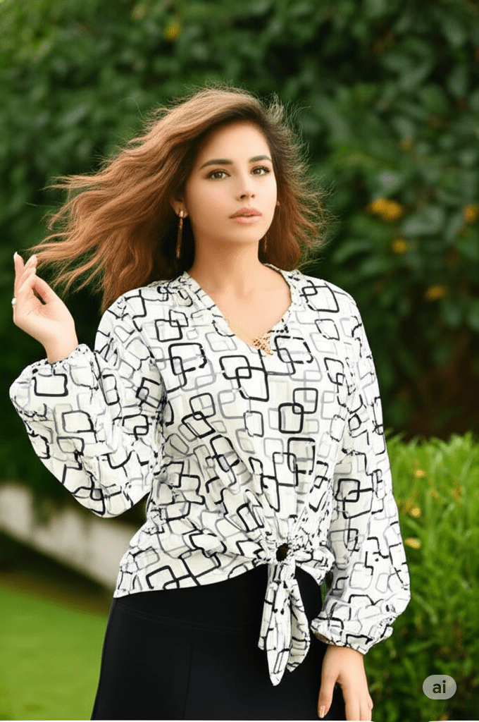 بلوزة عصرية بنقوش مربعات ملونة وعقدة أمامية:
