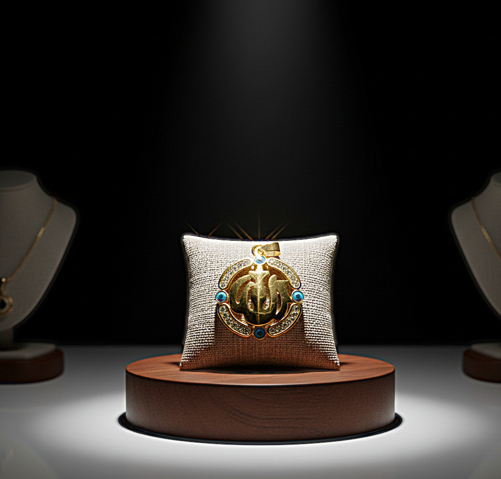 دلاية تحمل اسم الجلالة الله بخط عربي جميل، محاطة بدائرة مرصعة بأحجار كريستالية لامعة و الأحجار الزرقاء الجذابة