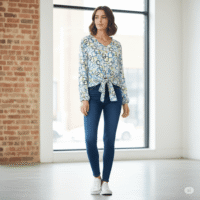 Gemini_Generated_Image_j7nqjij7nqjij7nq بلوزة بتصميم عصري ونقوش مبهجة، مع عقدة أمامية تمنحها مظهراً مميزاً.