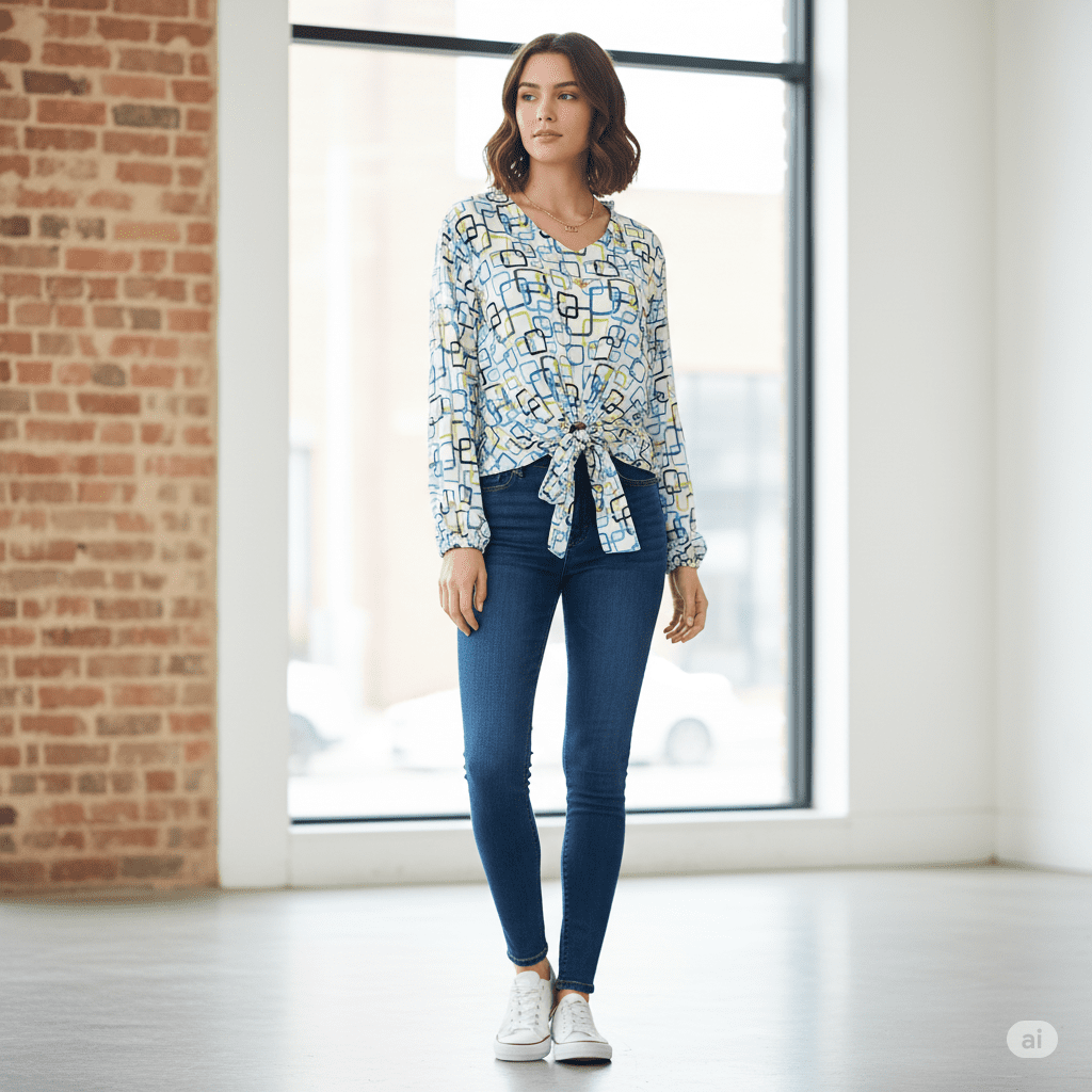 Gemini_Generated_Image_j7nqjij7nqjij7nq بلوزة بتصميم عصري ونقوش مبهجة، مع عقدة أمامية تمنحها مظهراً مميزاً.