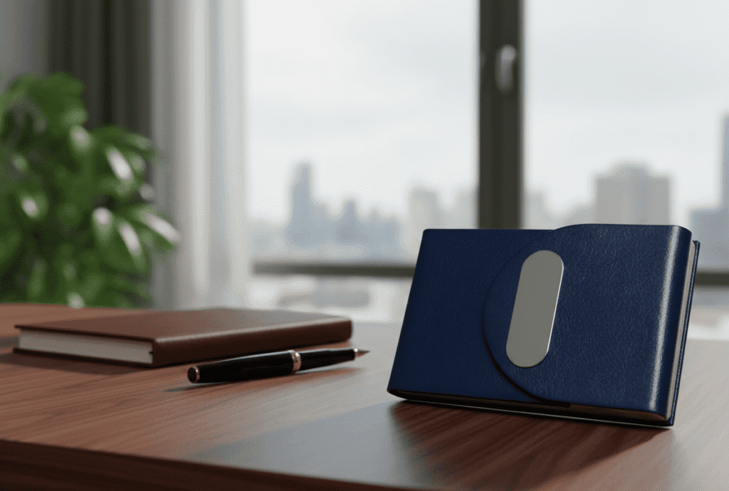 حافظة بطاقات جلدية زرقاء مع مشبك معدني (حافظة بطاقات ذكية / منظمة)