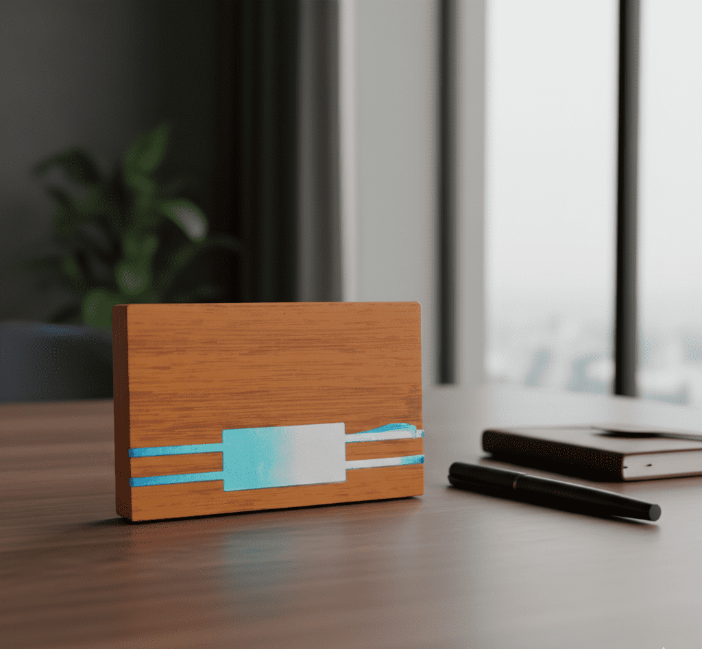 حافظة بطاقات بتصميم خشبي ولمسات معدنية عملية وأنيقة
