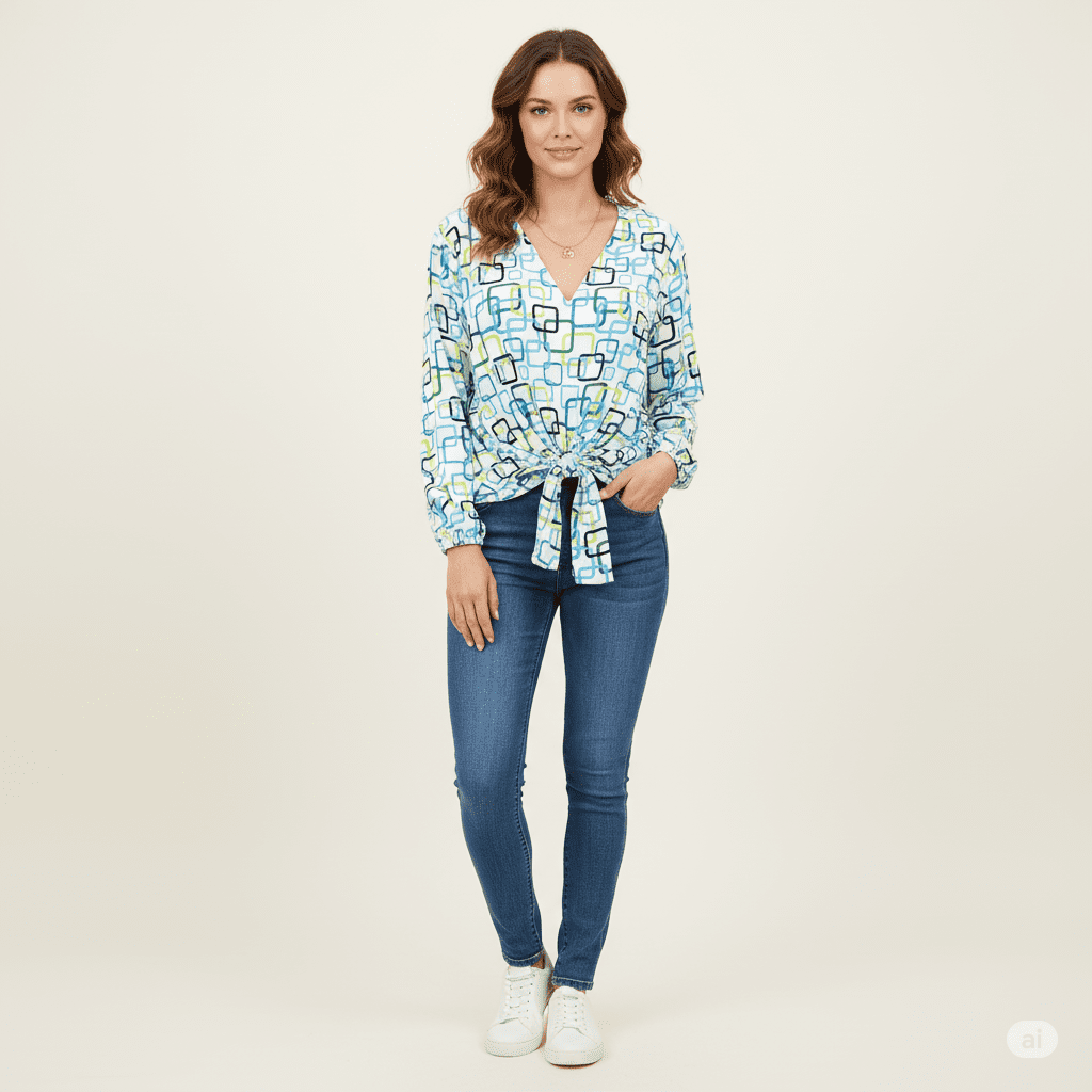 Gemini_Generated_Image_lcu1halcu1halcu1 بلوزة بتصميم عصري ونقوش مبهجة، مع عقدة أمامية تمنحها مظهراً مميزاً.