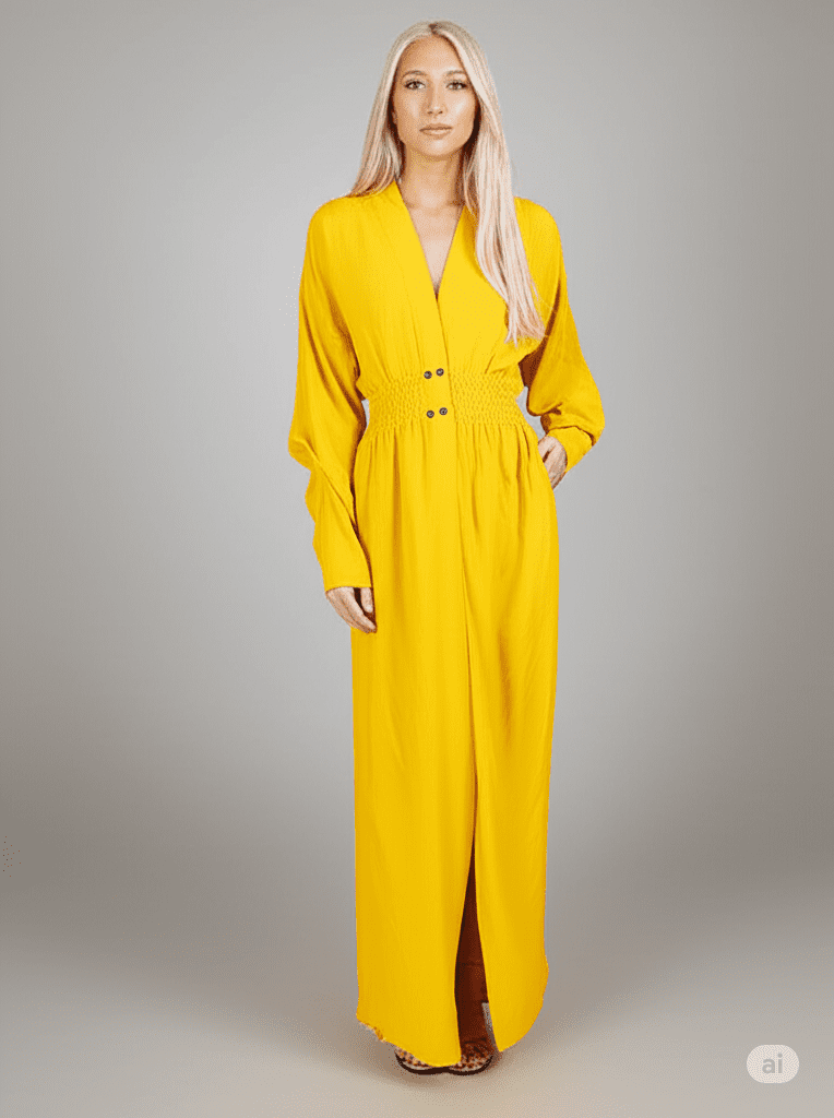 فستان طويل  مفتوح أنيق بلون أصفر خردلي يغلق بازرار من منتصف الخصر تصميم عصري