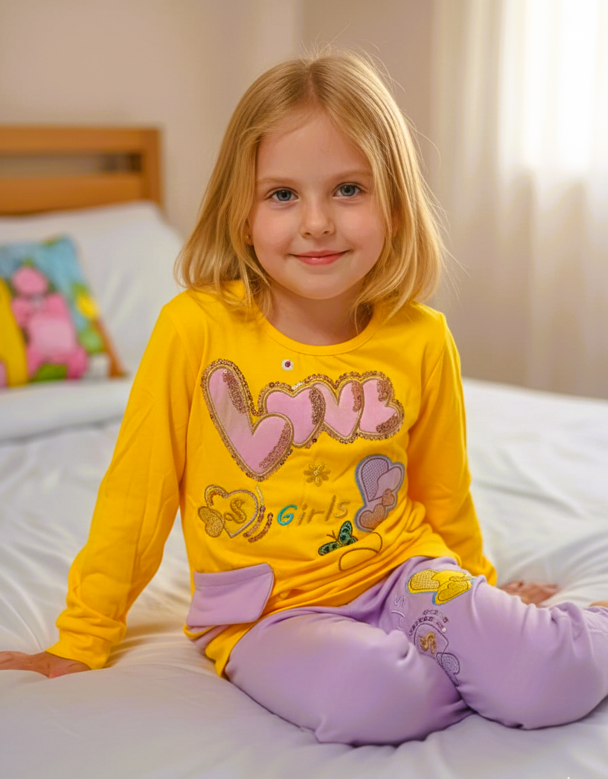 بيجاما بناتي  تيشيرت كم وبنطلون خامة ليكرا قطن ناعمة مريحة بتصميم عصري مناسبة للنوم والبيت