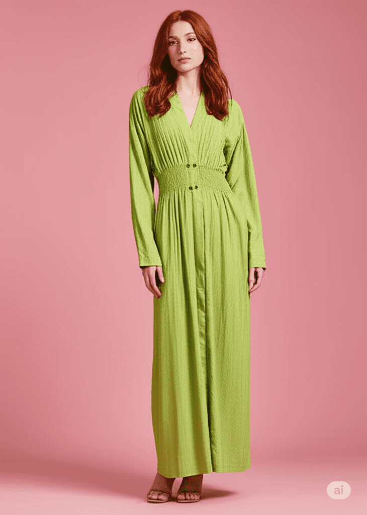 Gemini_Generated_Image_pm02tcpm02tcpm02 فستان طويل أنيق بلون أخضر ليموني تصميم عصري: