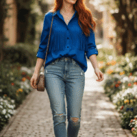 Gemini_Generated_Image_q792c9q792c9q792 بلوزة لونها أزرق ملكي جذاب تصميمها العصري مع تفصيلة شراشيب كثيفة تمنحها مظهراً فريداً ومتحركاً.