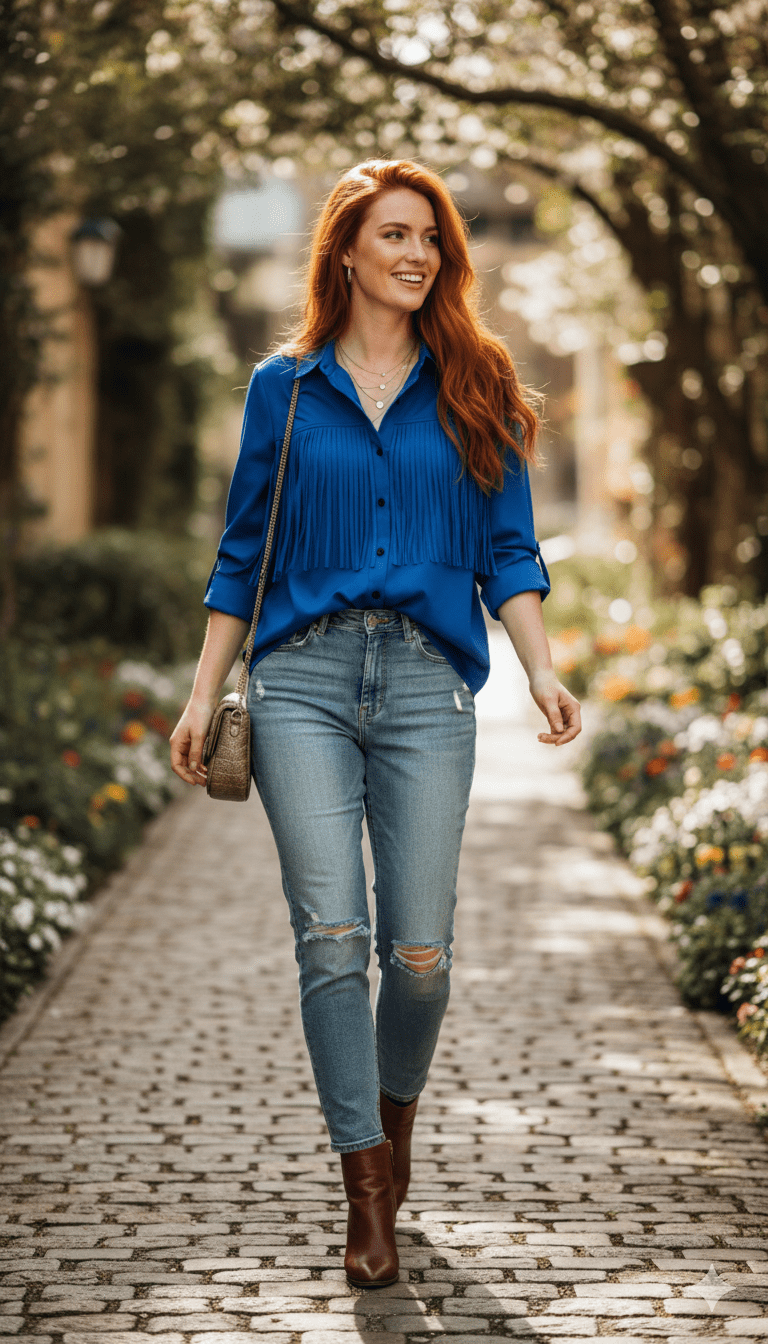 Gemini_Generated_Image_q792c9q792c9q792 بلوزة لونها أزرق ملكي جذاب تصميمها العصري مع تفصيلة شراشيب كثيفة تمنحها مظهراً فريداً ومتحركاً.