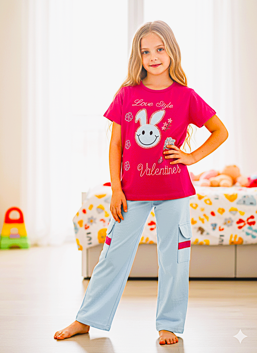 بيجاما بناتي بطباعة مرحة تيشيرت نص كم وبنطلون خامة ليكرا قطن ناعمة مريحة بتصميم عصري مناسبة للنوم والبيت