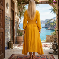 فستان طويل  مفتوح أنيق بلون أصفر خردلي يغلق بازرار من منتصف الخصر تصميم عصري