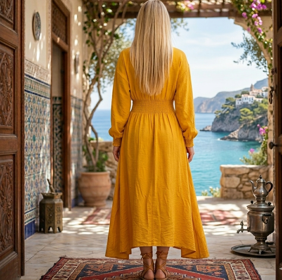 فستان طويل  مفتوح أنيق بلون أصفر خردلي يغلق بازرار من منتصف الخصر تصميم عصري