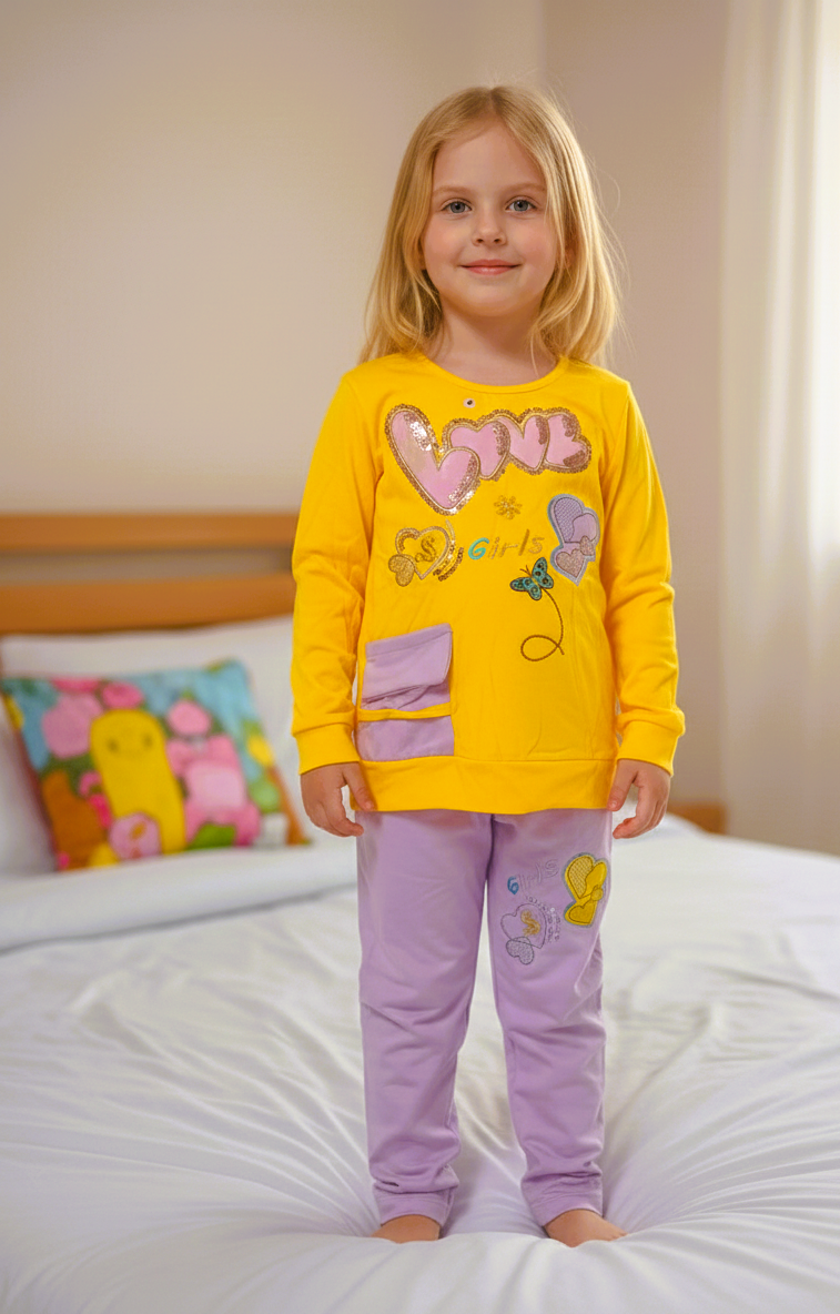 بيجاما بناتي  تيشيرت كم وبنطلون خامة ليكرا قطن ناعمة مريحة بتصميم عصري مناسبة للنوم والبيت