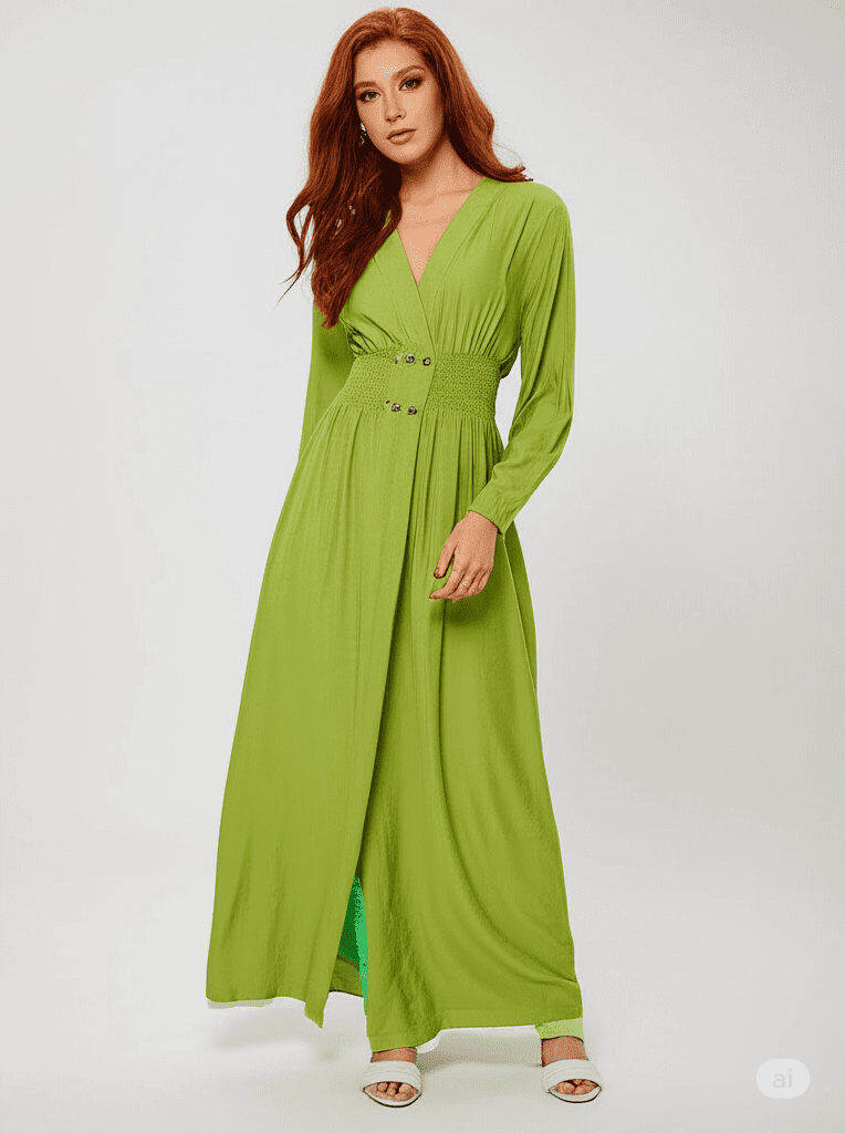 Gemini_Generated_Image_rm0qhjrm0qhjrm0q فستان طويل أنيق بلون أخضر ليموني تصميم عصري: