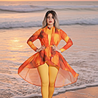 مايوه شرعي بوركيني للنساء مكوّن من 5 قطع بنطال ومايوه بكم وجيبه قصيره وكاش شيفون مقاوم للماء وتربونه