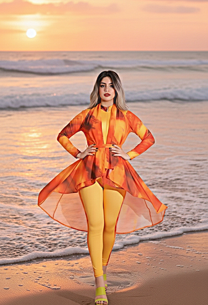 مايوه شرعي بوركيني للنساء مكوّن من 5 قطع بنطال ومايوه بكم وجيبه قصيره وكاش شيفون مقاوم للماء وتربونه