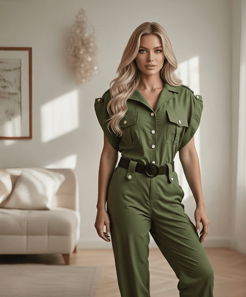 Gemini_Generated_Image_ry9v2mry9v2mry9v جمبسوت لون أخضر زيتي مميز وتفاصيل عملية تمنحه مظهراً أنيقاً مريحاً ومناسباً للأجواء الدافئة في مصر.