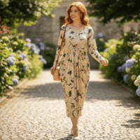 Gemini_Generated_Image_rzizw7rzizw7rziz فستان طويل وفضفاض جداً، تتميز بتصميم فريد يجمع بين الأناقة والراحة، مع نقوش تجريدية مميزة.